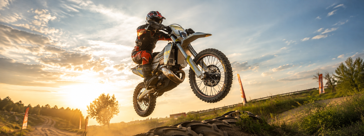 Мотоцикл Sharmax Enduro прыгает по бездорожью Эндуро-мотоцикл Sharmax и его владелец перепрыгивают через внедорожную трассу на закате